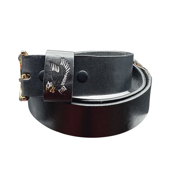 Vintage Black Leather Belt with Gold Buckle & Stamped and Painted Eagle Design